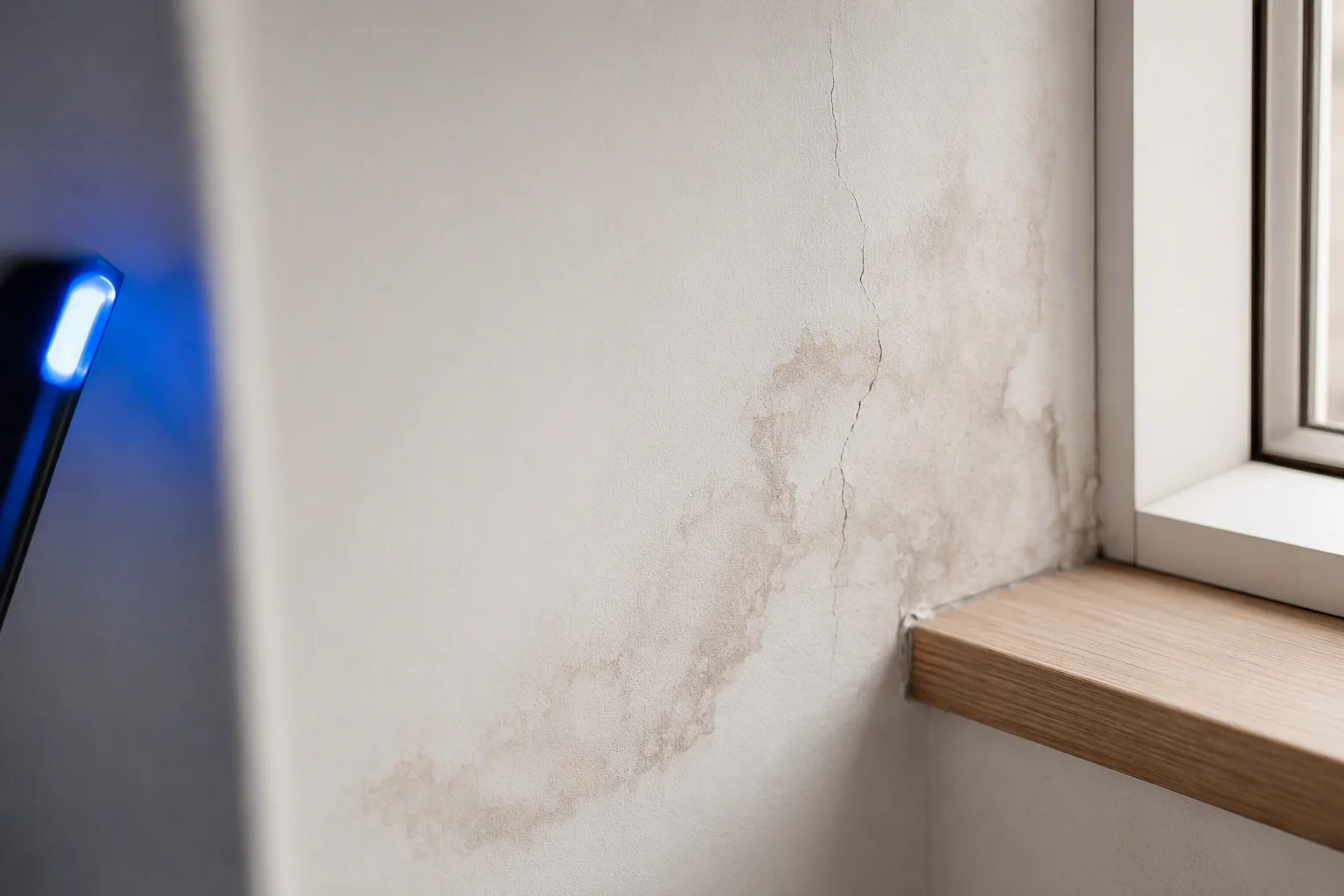 Close-up of moisture stain and hairline crack on a rental wall