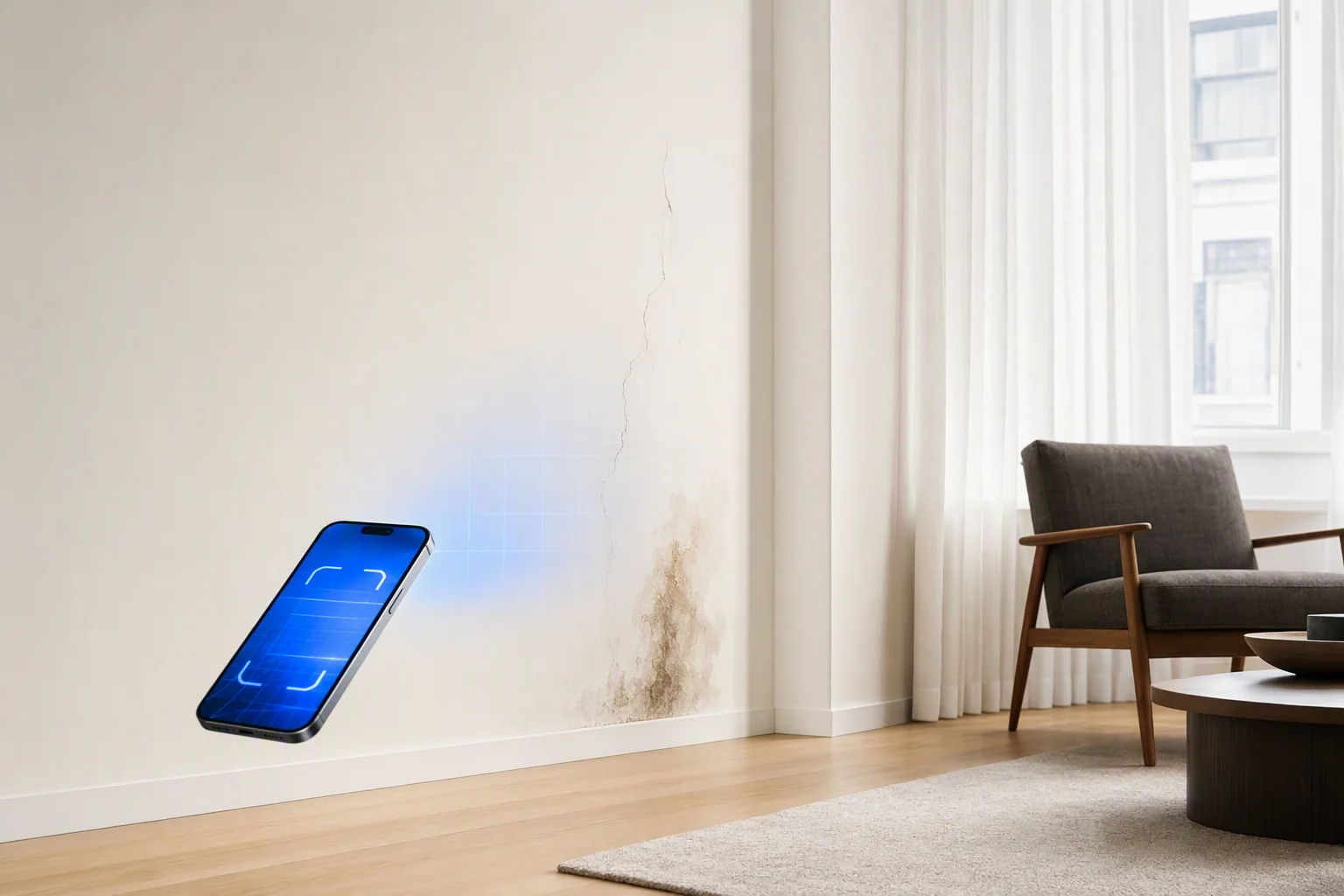 Sunlit rental apartment with a wall defect being scanned by a phone